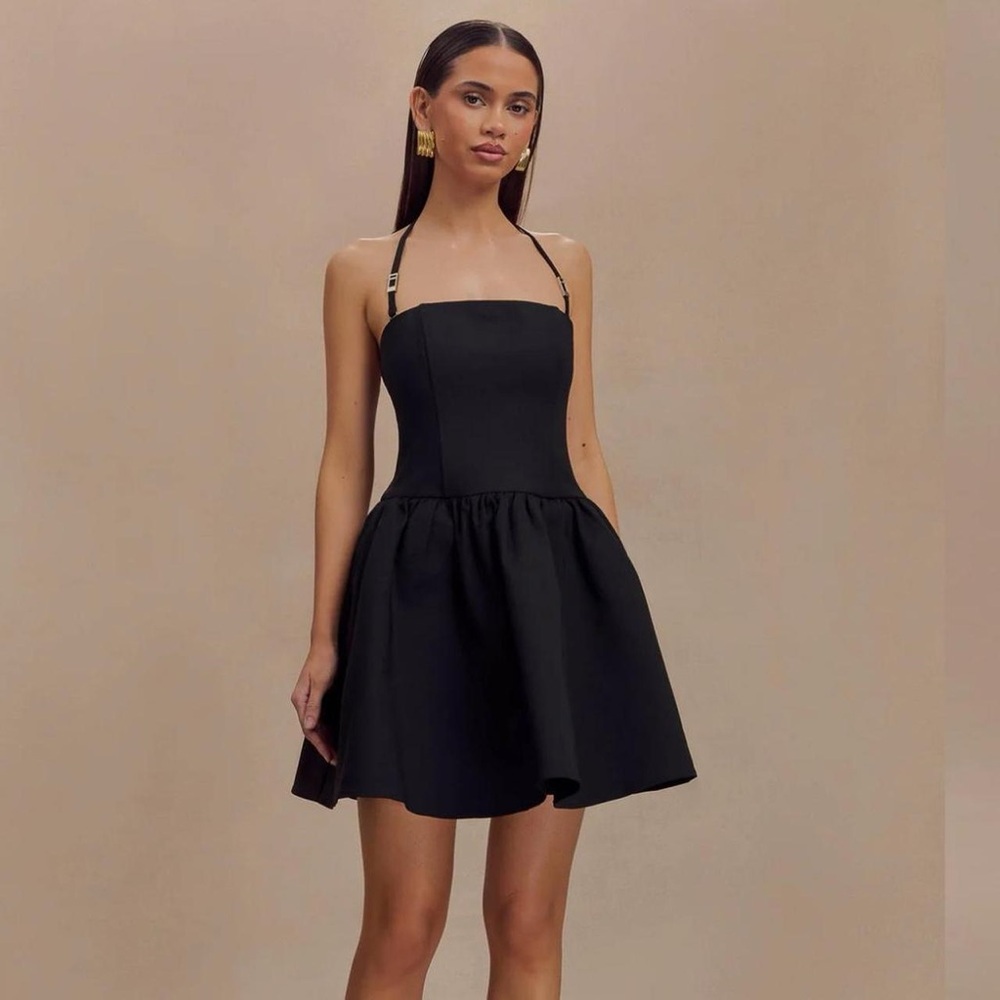 Meshki Black Pleated Halter Mini Dress
